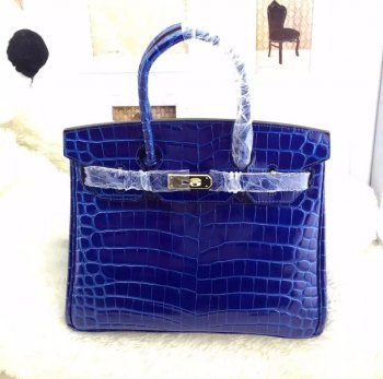 Luxury Hermes Birkin 35cm Crocodile Leather Handbag Electric Blue Gold