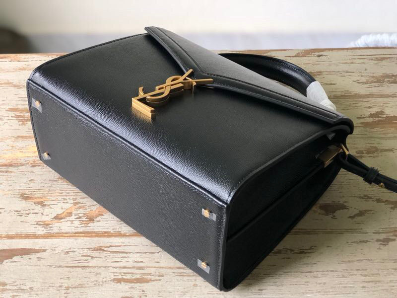 Yves Saint Laurent Cassandra Medium Top Handle Bag In Grain De Poudre Embossed Black.6in/