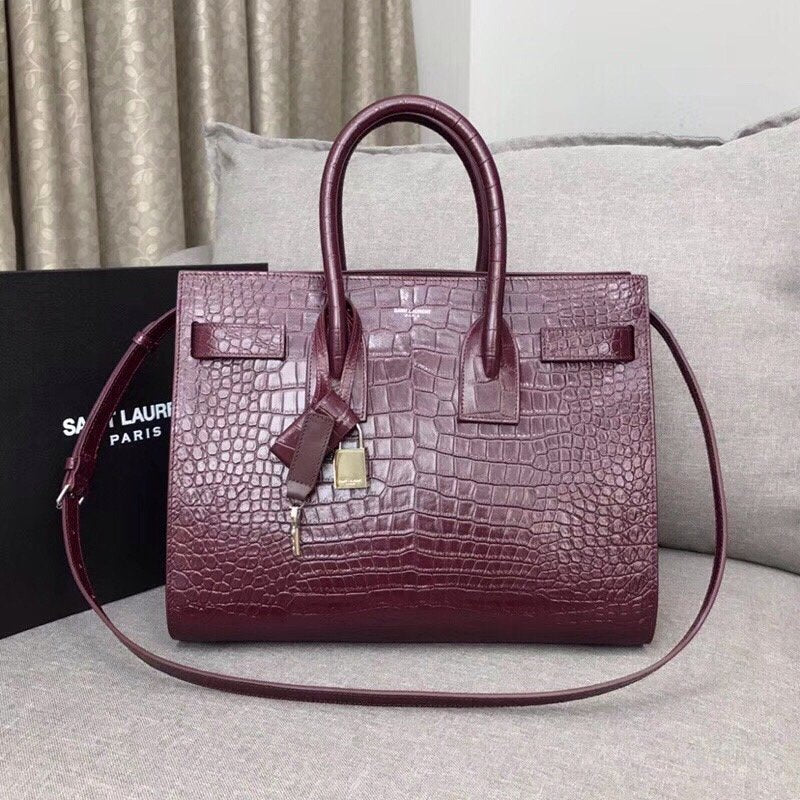 Yves Saint Laurent Sac De Jour Small In Embossed Crocodile Burgundy Luxury Handbag