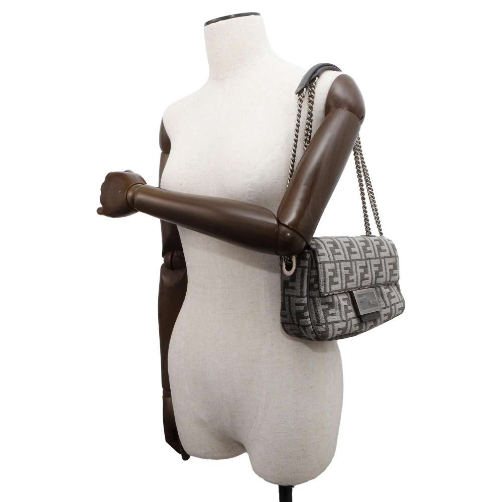 FENDI Zucca ChainShoulder Bag Gray 8BR793 Viscose Polyester Cotton Calf Leather