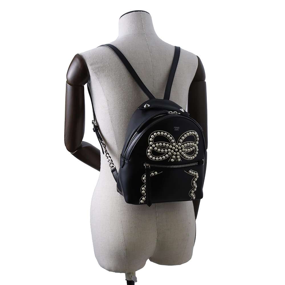 FENDI Ribbon Pearl Backpack Black 8BZ038 Leather Faux Pearl