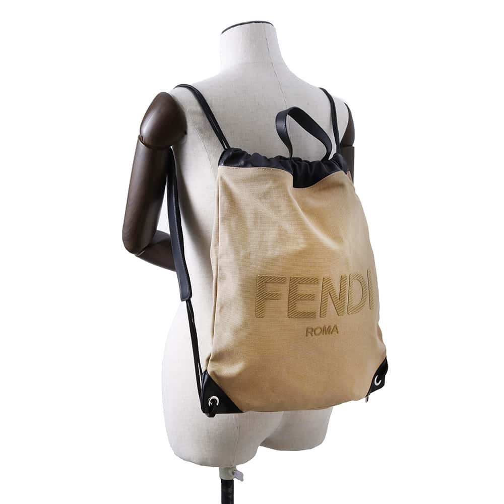 FENDI Backpack Beige/Black 7VZ057 Canvas Leather