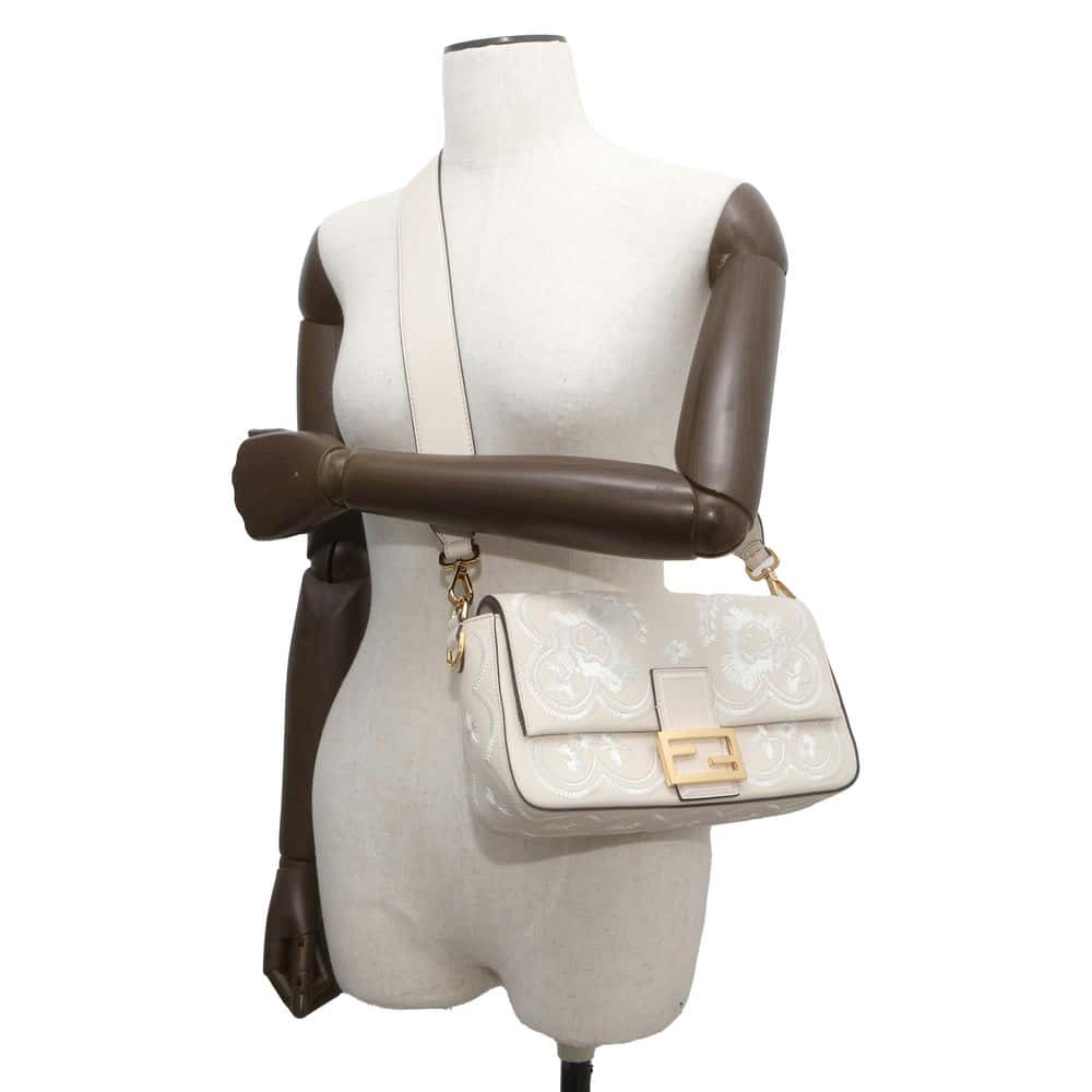 FENDI Bucket Floral Embroidery 2WAY Shoulder Bag Ivory/White 8BR600 Leather