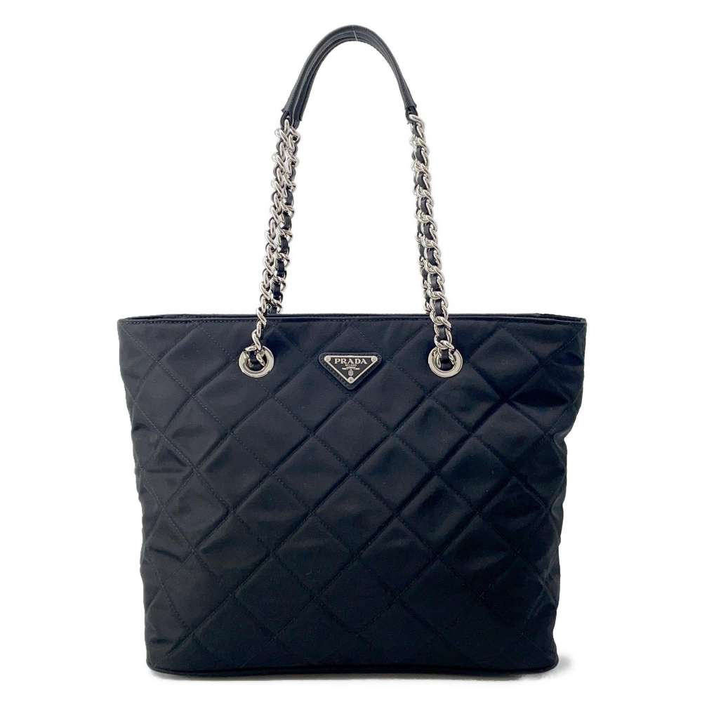 PRADA Quilted ChainTote Bag Black Nylon Leather