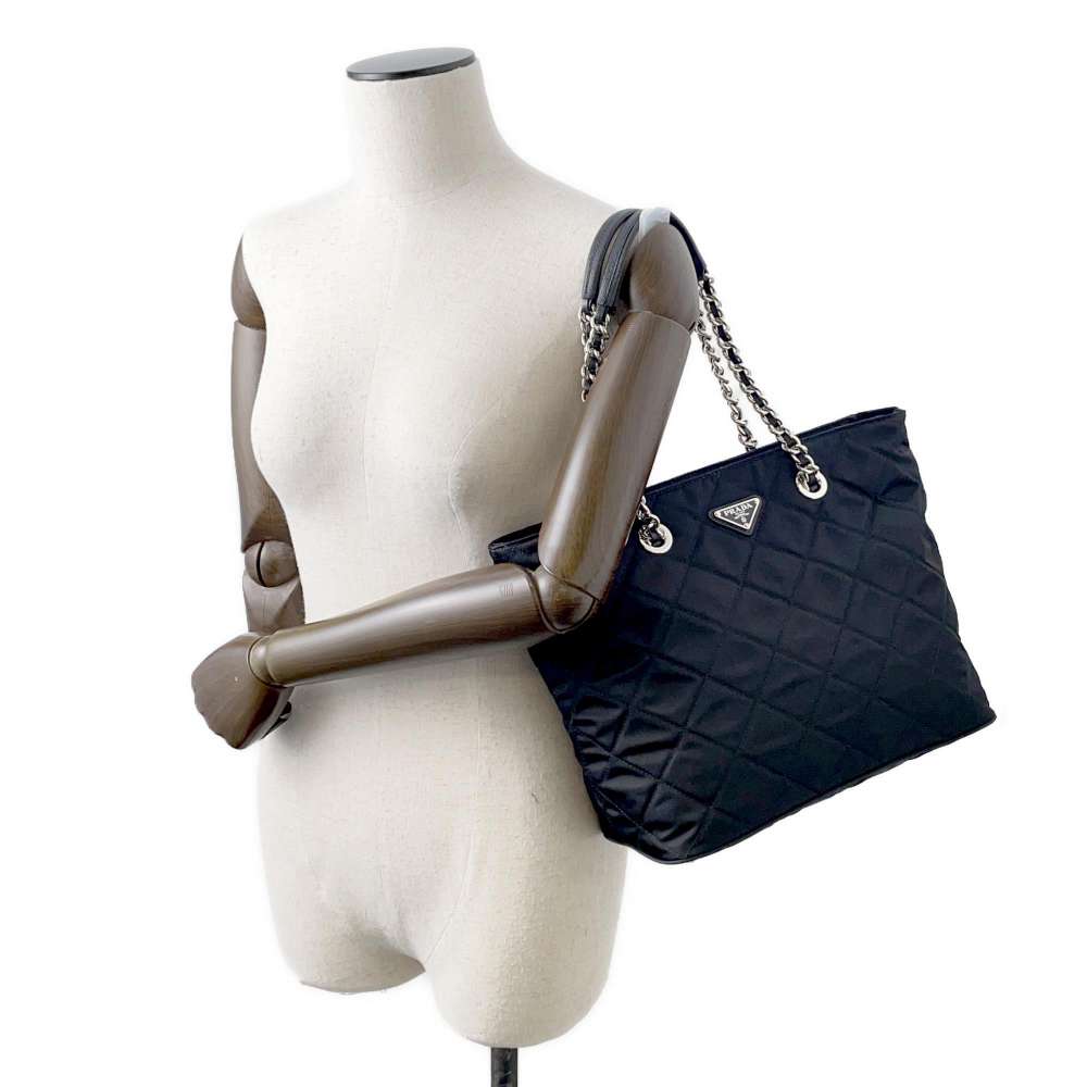 PRADA Quilted ChainTote Bag Black Nylon Leather