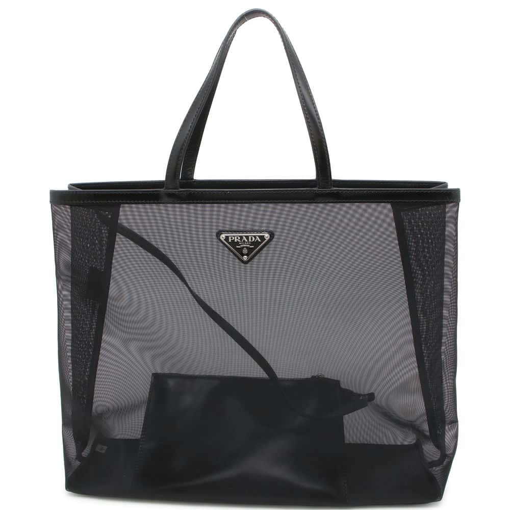PRADA Triangle Logo Mesh Shopping Bag Tote Bag Black Mesh Leather