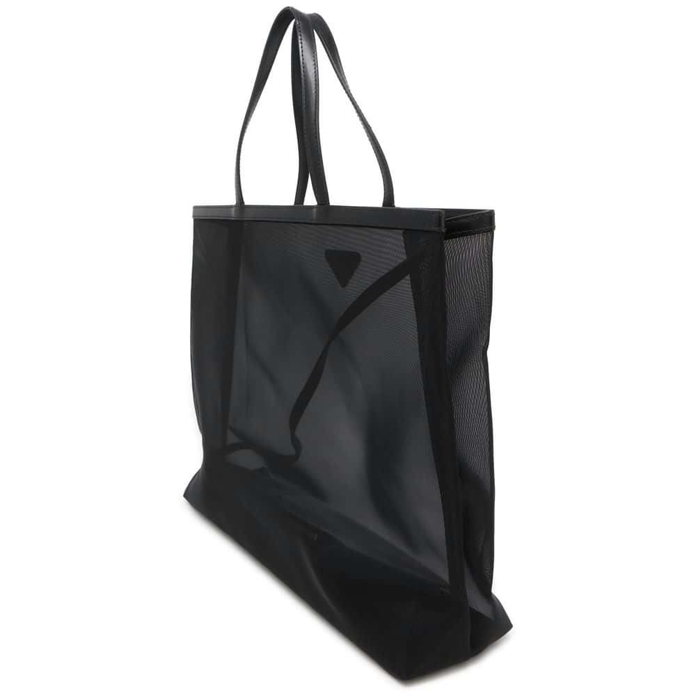 PRADA Triangle Logo Mesh Shopping Bag Tote Bag Black Mesh Leather