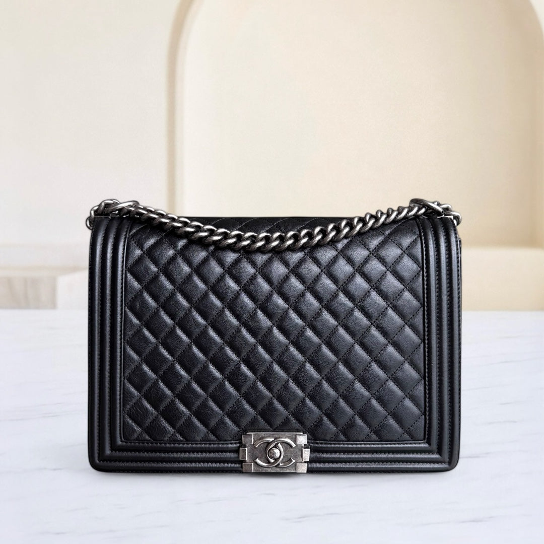 Chanel Boy Large - 30CM Quilted Grained Calfskin Black Silver Hardware Series 17
