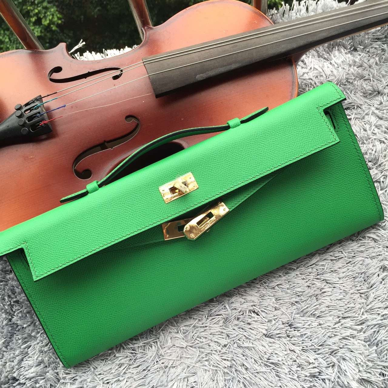 Luxury Hermes Bamboo Handcrafted Kelly Cut Clutch