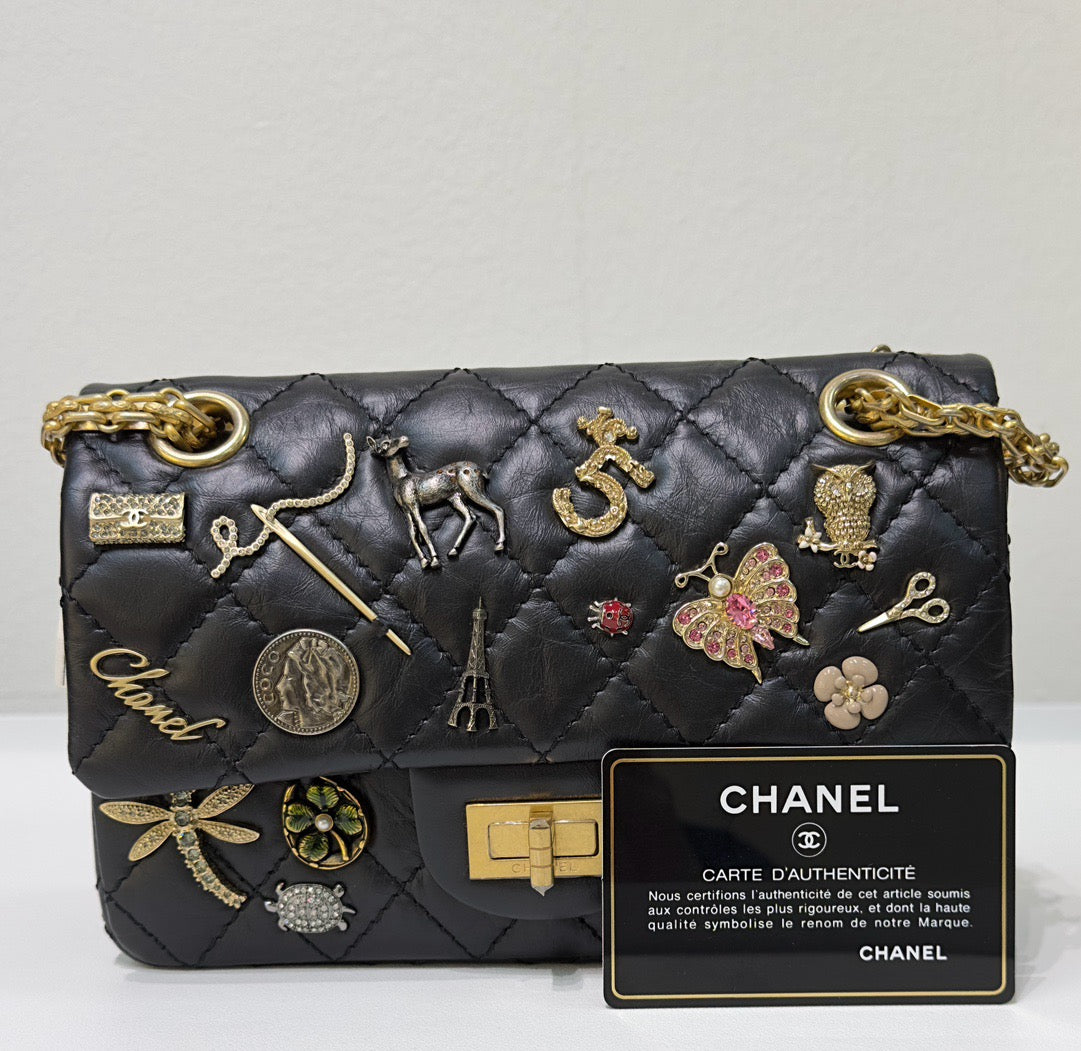 Chanel Black Quilted Aged Leather Lucky Charms Reissue 2 55 Classic 224 Flap Bag