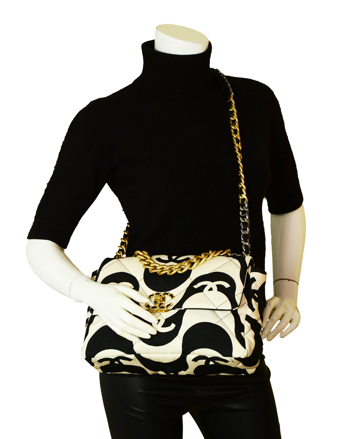 Chanel 2021 Black/ Ecru Fabric CC Printed Large 19 Flap Bag