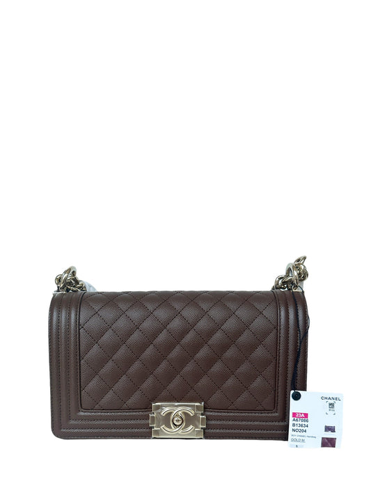 Chanel 2023 NEW Brown Caviar Leather Quilted Medium Boy Bag