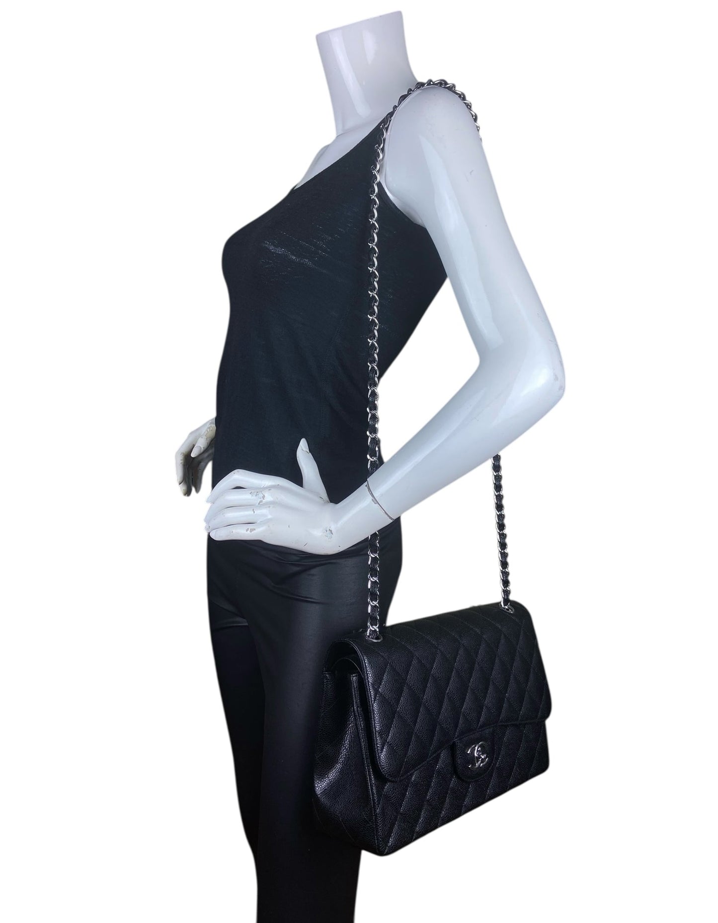 Chanel Black Caviar Leather Double Flap Jumbo Bag