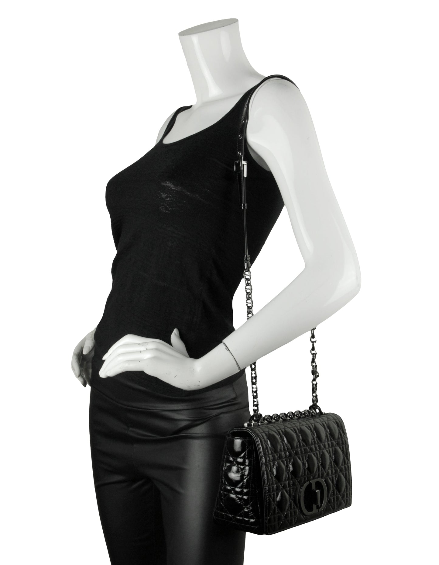 Christian Dior Black Patent Leather Cannage Medium Caro Bag