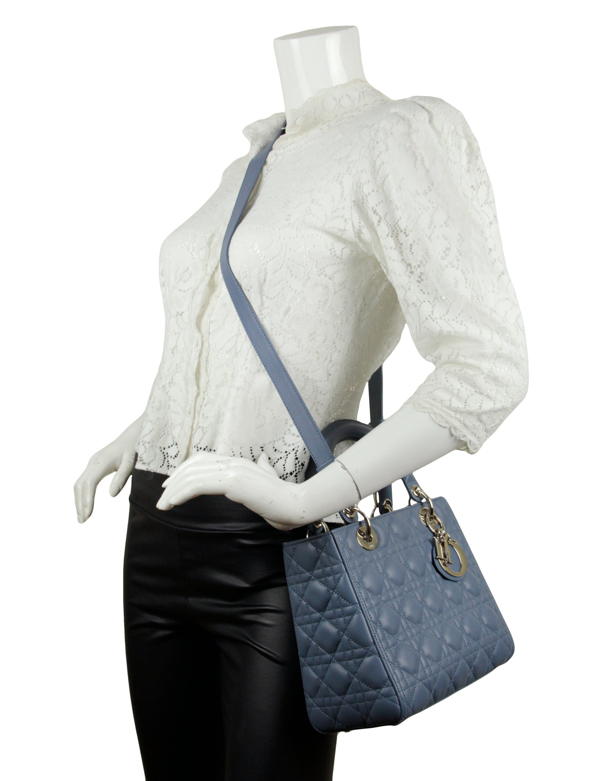 Christian Dior Slate Blue Leather Cannage Quilted Medium Lady Dior Bag