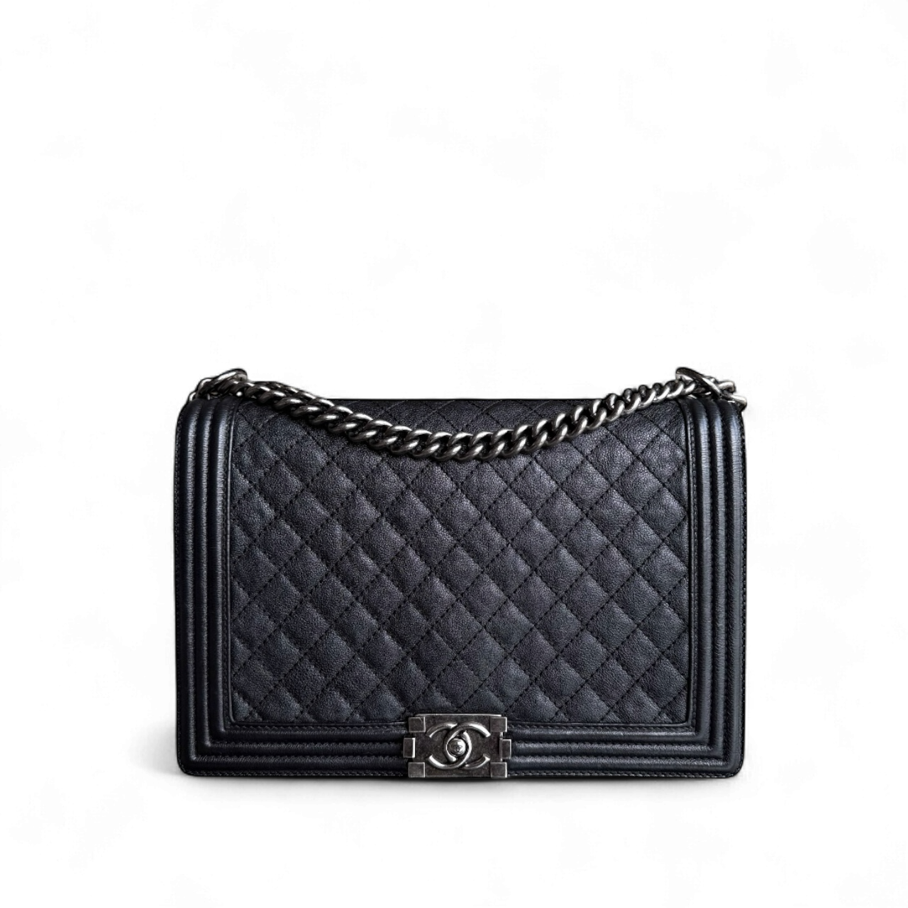 Chanel Boy Large - Quilted Grained Calfskin Black Silver Hardware Series 18