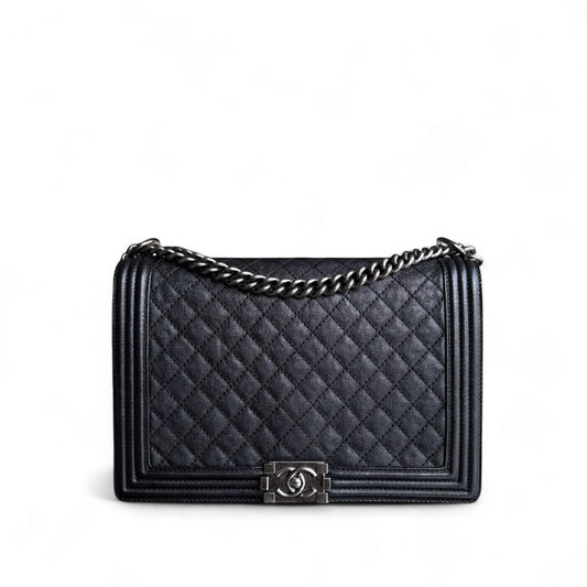 Chanel Boy Large - Quilted Grained Calfskin Black Silver Hardware Series 18
