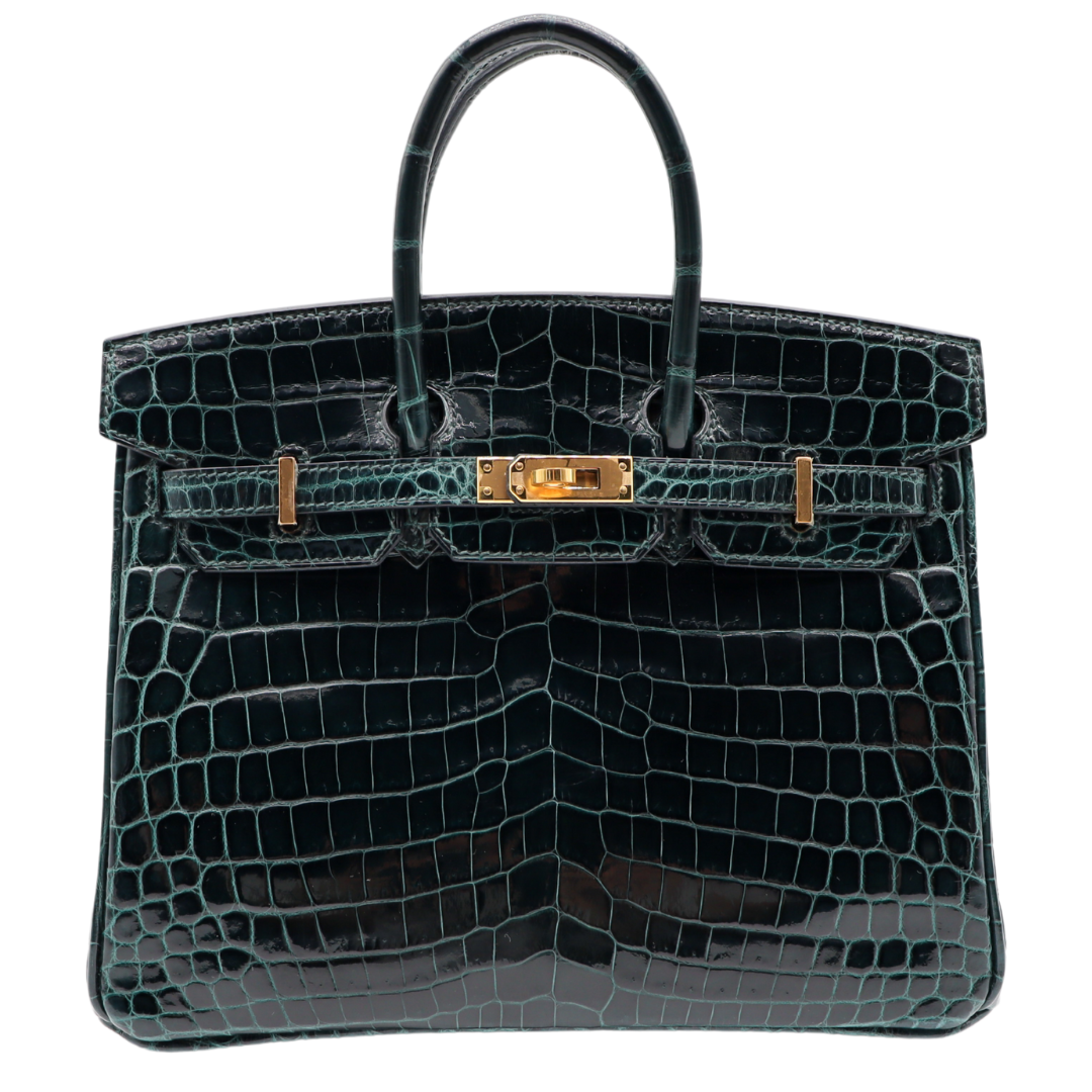 Hermes25cm Birkin Vert Cypress Shiny Niloticus Crocodile Gold Hardware