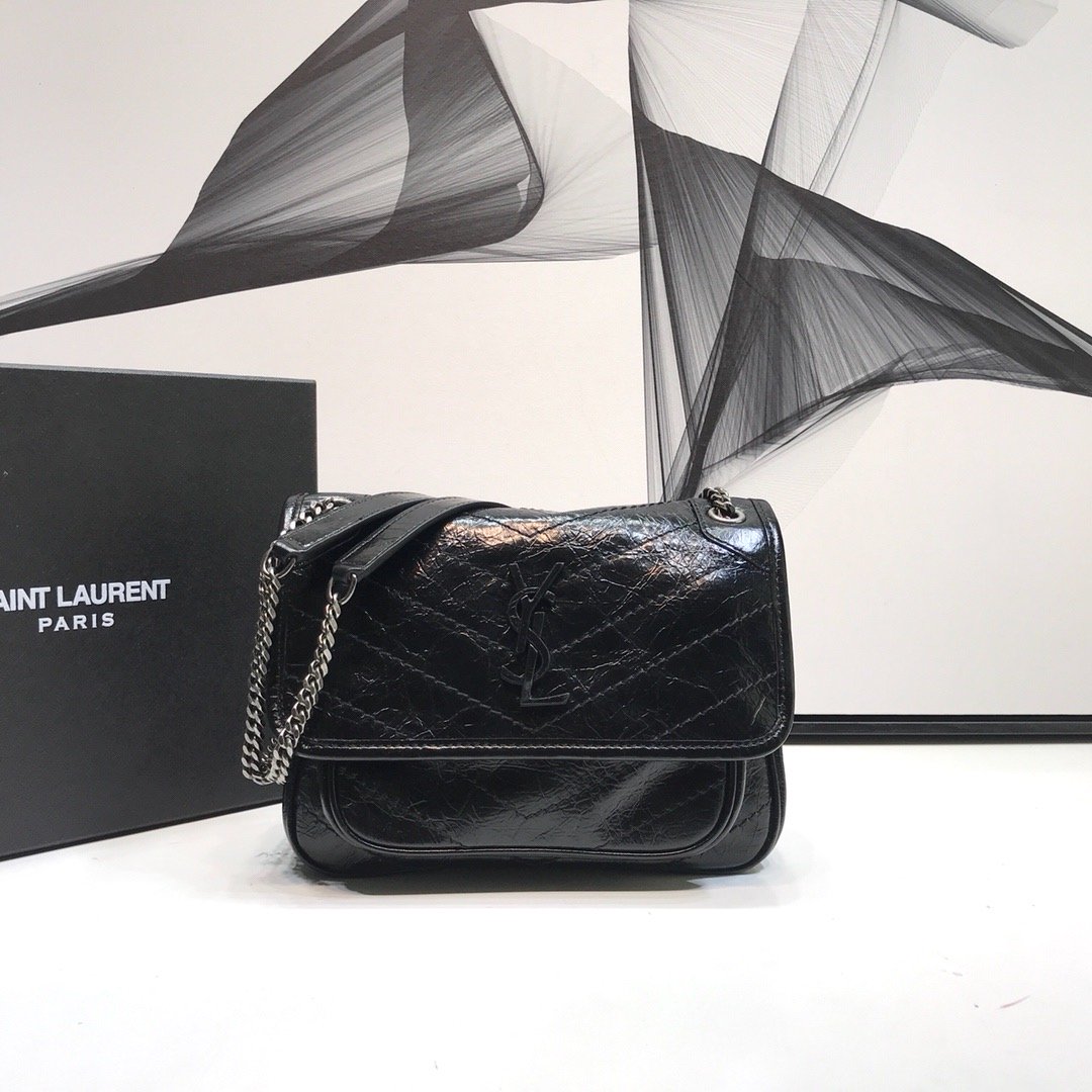 Yves Saint Laurent Niki Baby Chain Bag In Crinkled Black