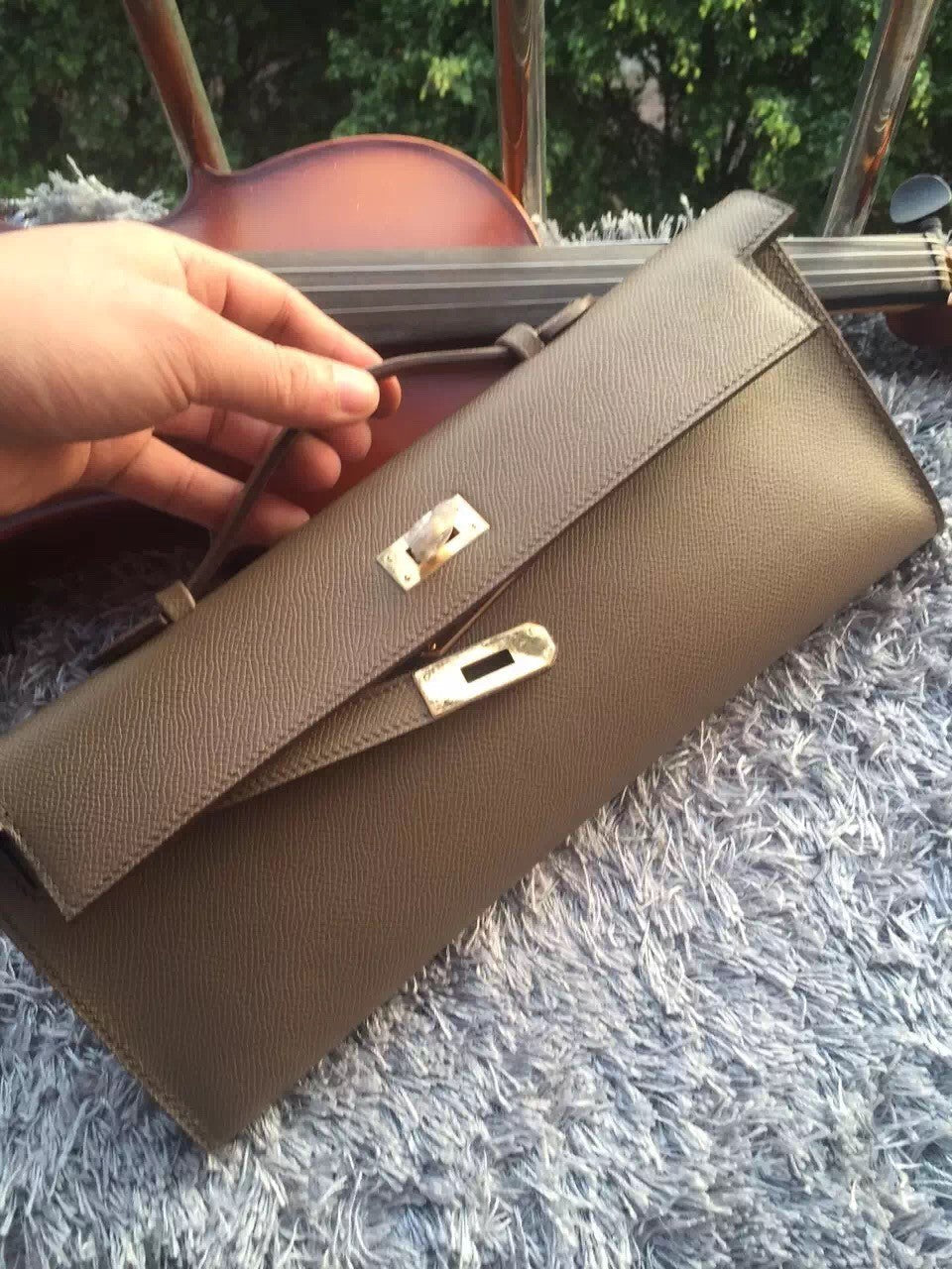 Luxury Hermes Etain Handcrafted Kelly Cut Clutch