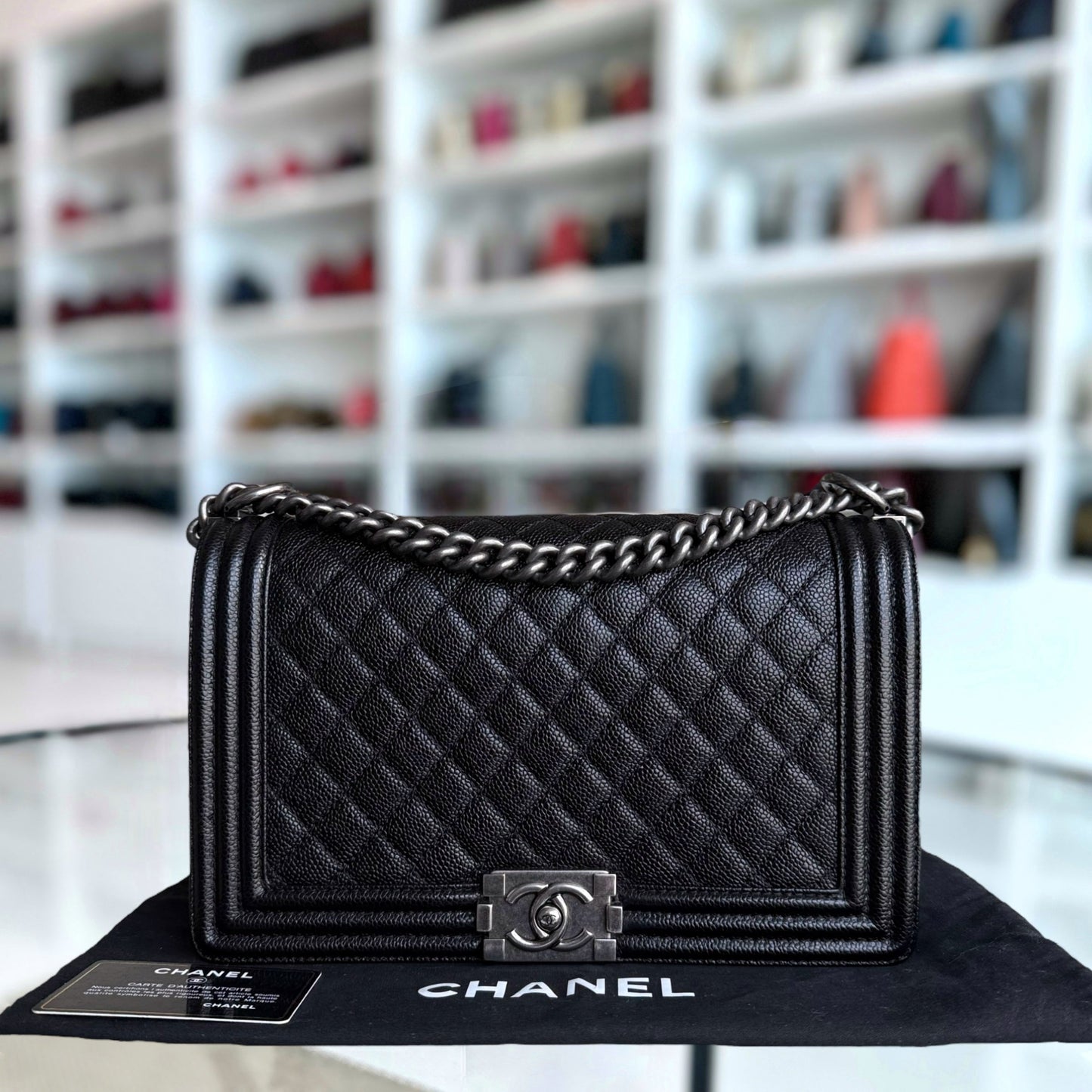 Chanel Boy Medium - Caviar 28CM New Medium Quilted Black Ruthenium Silver Hardware Series 19