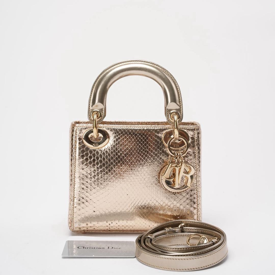Dior Mini Lady Dior Bag Gold in Python Leather with Gold Hardware on