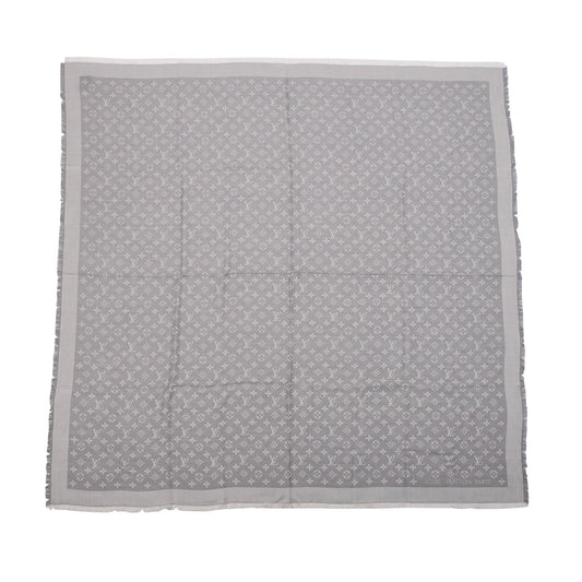 Louis Vuitton Pearl Grey Silk & Wool Denim Monogram Shawl