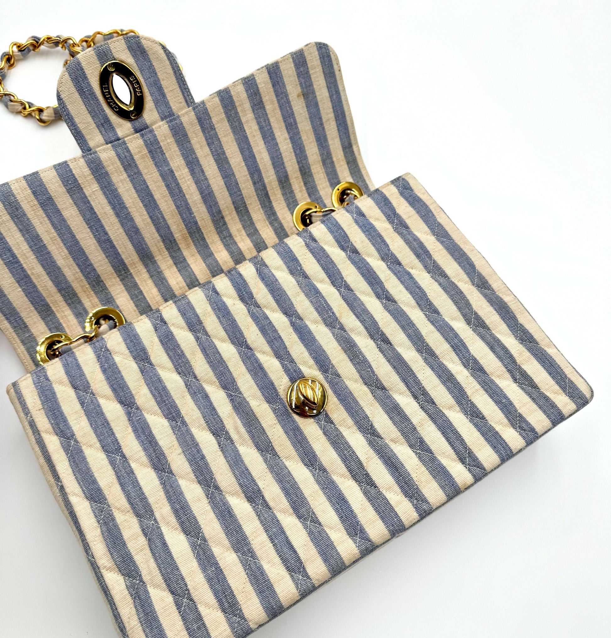 Chanel 1990s Jumbo Blue and White Striped Linen and Cotton Classic Flap Bag