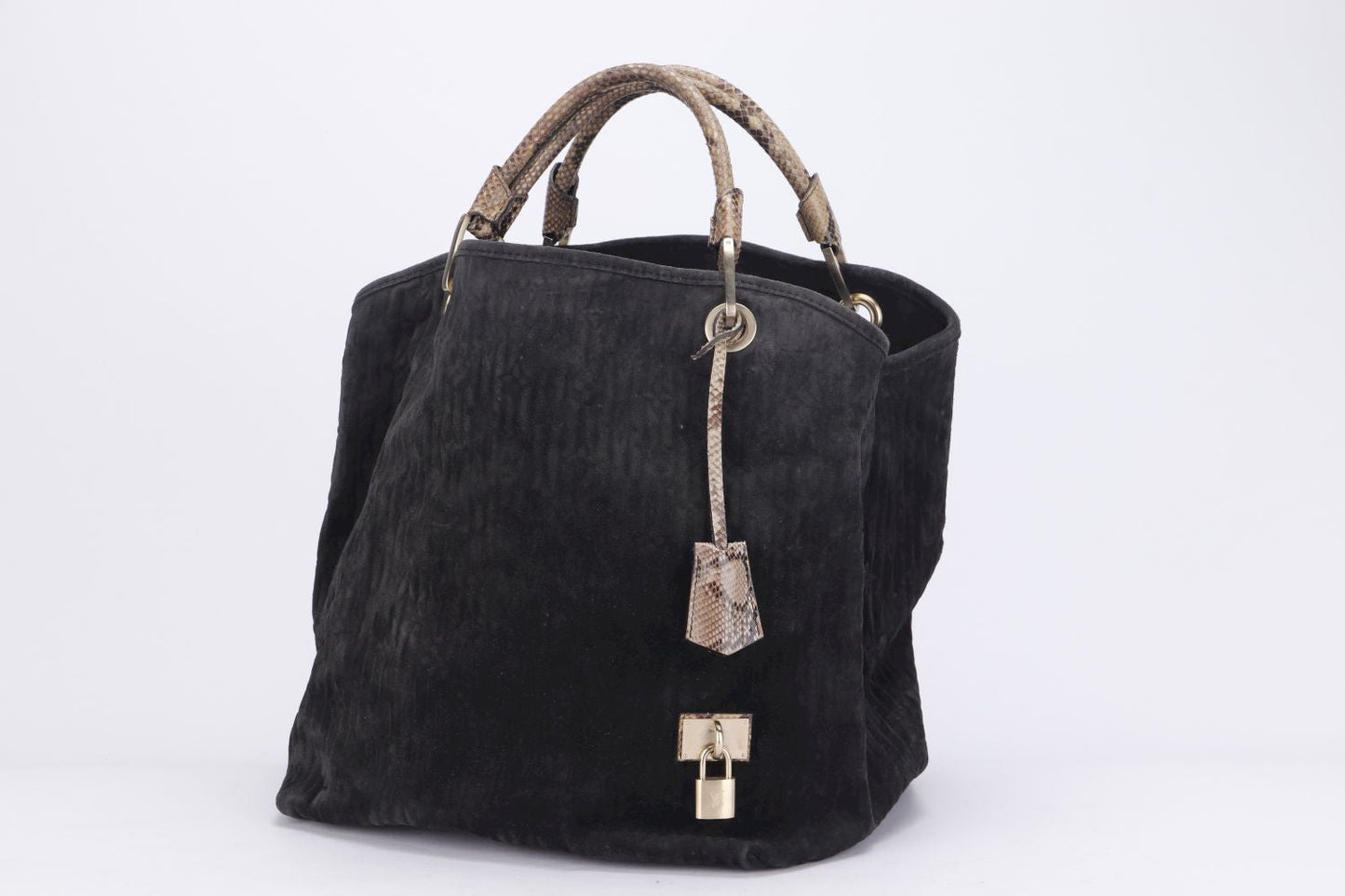 LOUIS VUITTON WHISPER WITH PYTHON SKIN HANDLE ( ) ( ) GM SIZE, KOHL MONOGRAM EMBOSSED SUEDE, WITH DUST COVER Handbag
