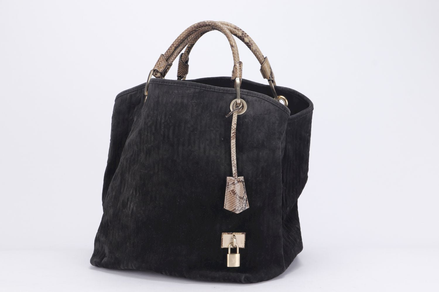 LOUIS VUITTON WHISPER WITH PYTHON SKIN HANDLE ( ) ( ) GM SIZE, KOHL MONOGRAM EMBOSSED SUEDE, WITH DUST COVER Handbag
