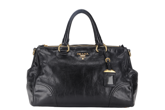 PRADA VITELLO SHINE DOUBLE ZIP BLACK GOLD HARDWARE WITH STRAPS AND DUST COVER