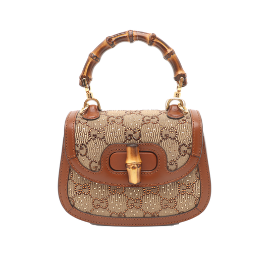 Gucci Bamboo 1947 Mini Brown Leather and Canvas with Glitter Crossbody Bag