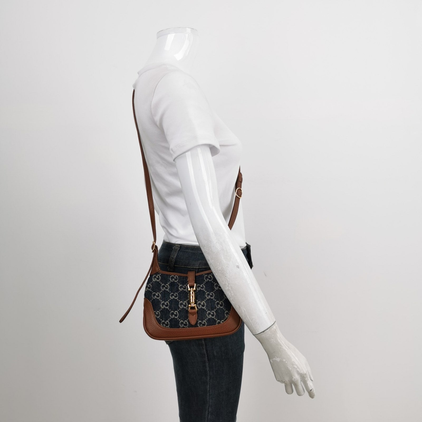 Gucci Jackie 1961 Mini Handbag in Blue Monogram Denim and Brown Leather