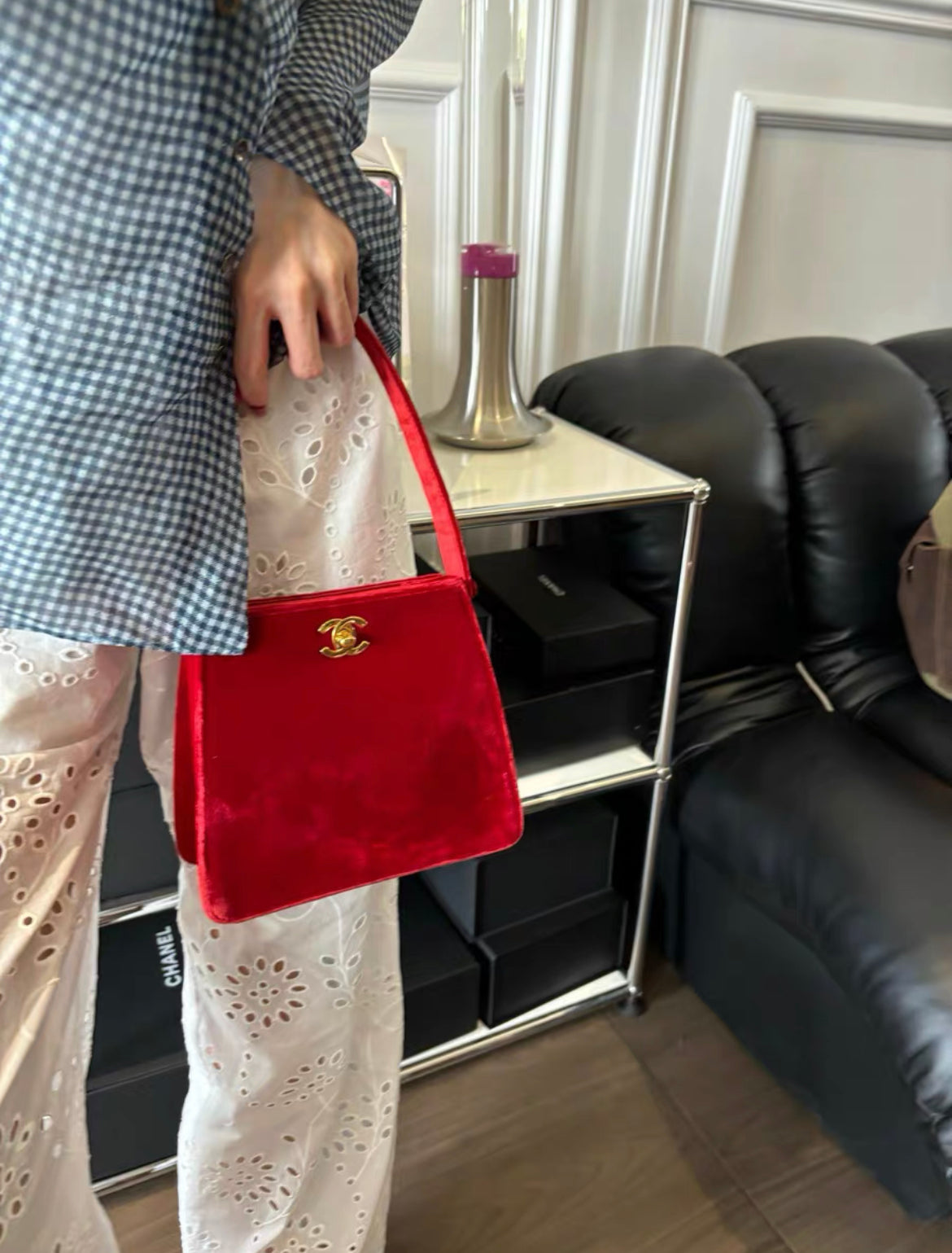 Chanel Rare Classic Velvet Red Kelly Bag Gold Plated Hardware