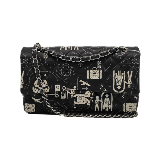 Chanel Satin Airline Printed Medium Double Flap Bag Black and White