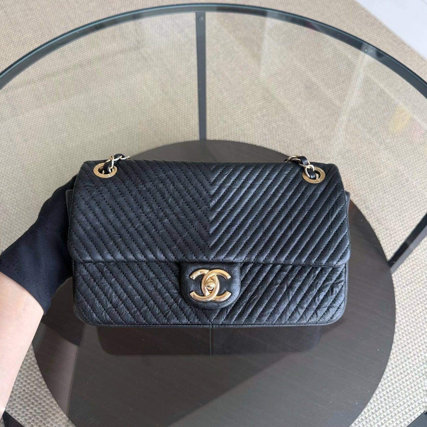 Chanel Seasonal Flap - Chevron Surpique CC Herringbone Medallion Calfskin Flap Black Gold Hardware
