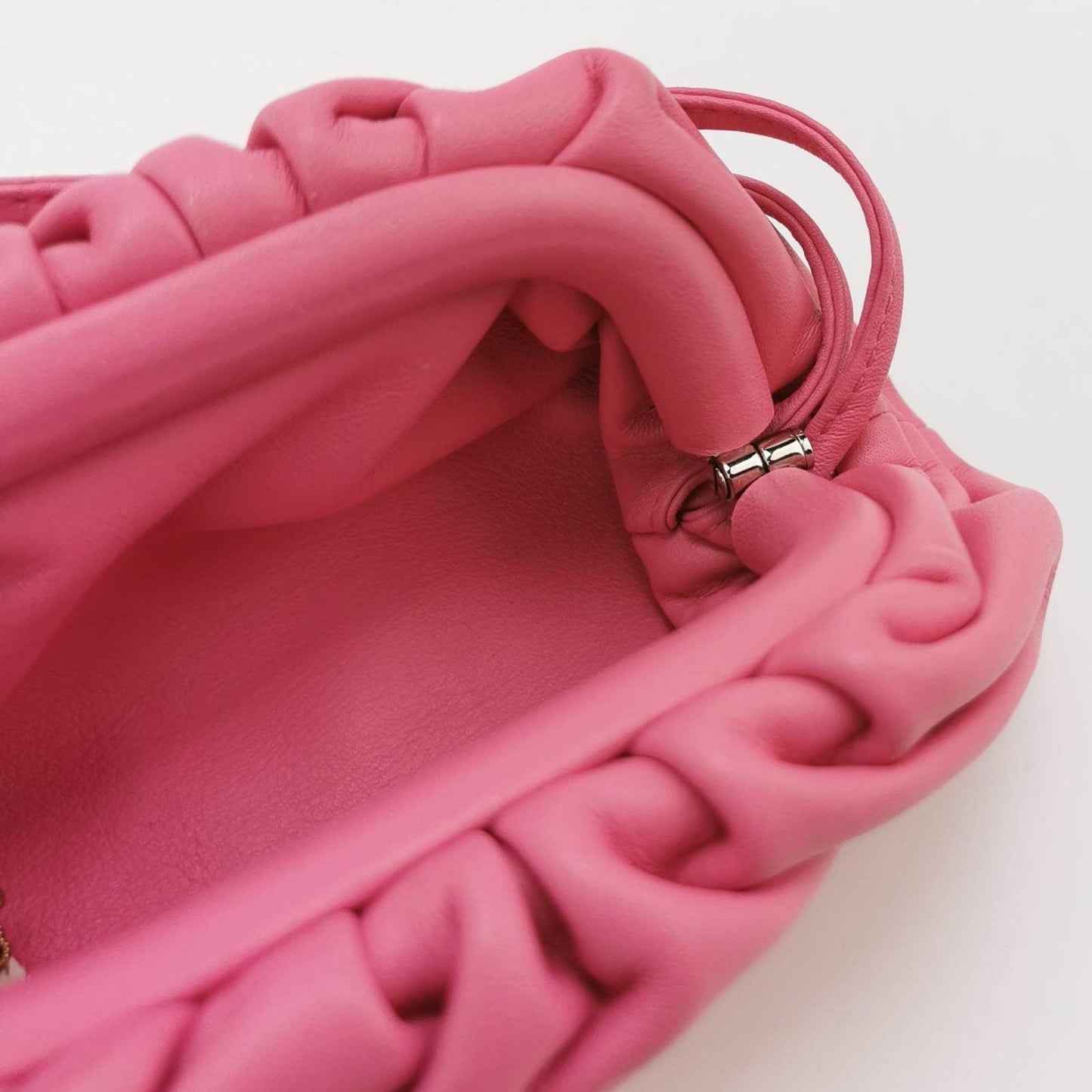 Bottega Veneta Pouch Super Mini Pink Calfskin Leather Crossbody Bag Pearl Chains