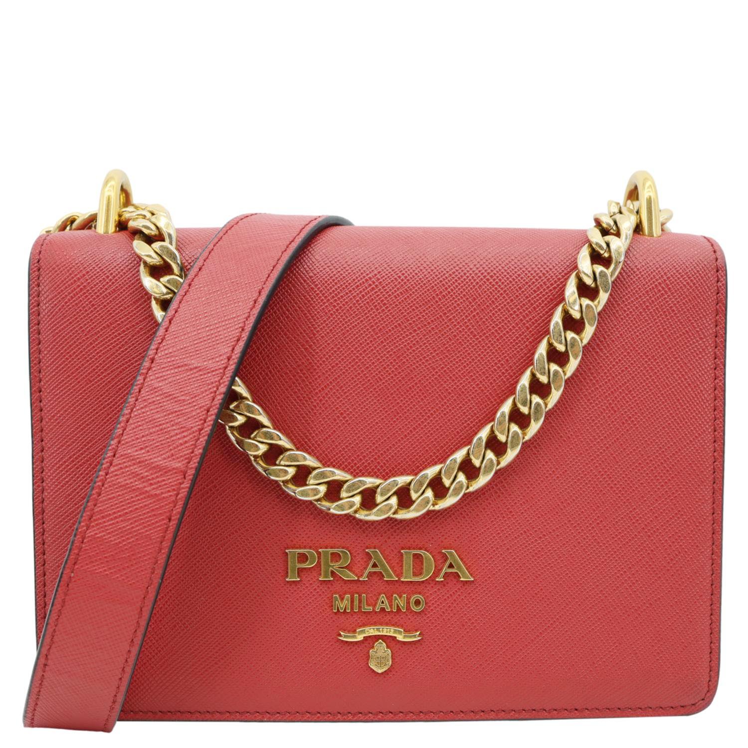 PRADA Chain Flap Saffiano Leather Crossbody Bag Red