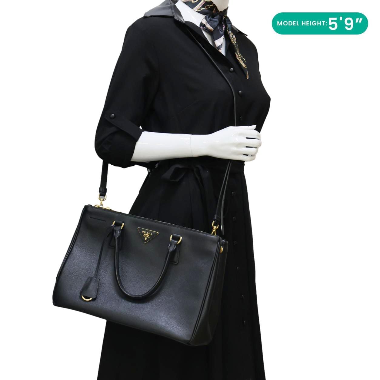 PRADA Galleria Double Zip Saffiano Leather Top Handle Shoulder Bag Black
