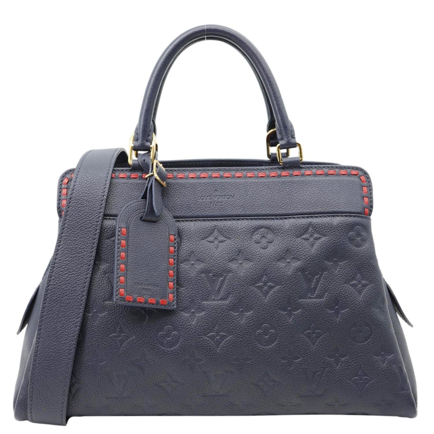 LOUIS VUITTON Vosges MM Whipstitch Monogram Empreinte Leather Shoulder Bag Navy Blue