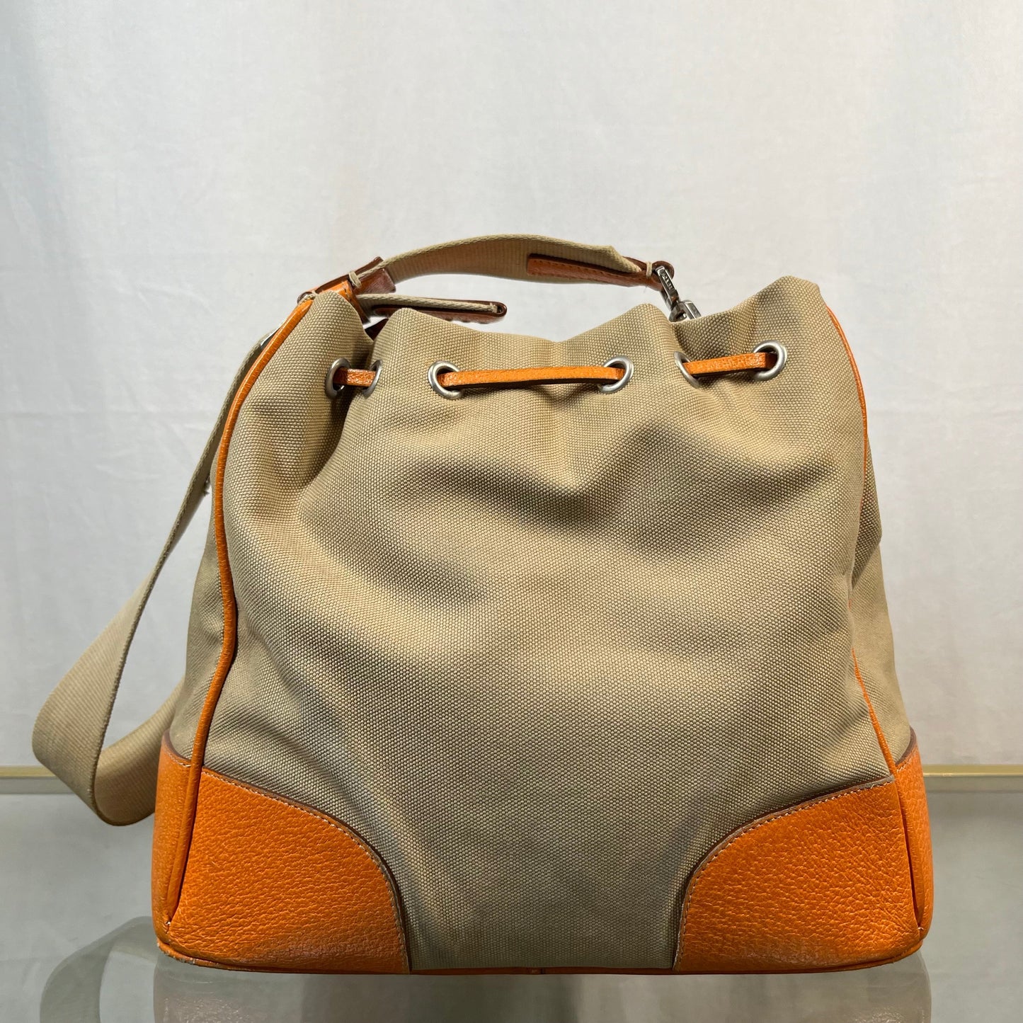Prada Leather & Canvas Drawstring Orange Bucket Bags