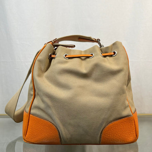 Prada Leather & Canvas Drawstring Orange Bucket Bags