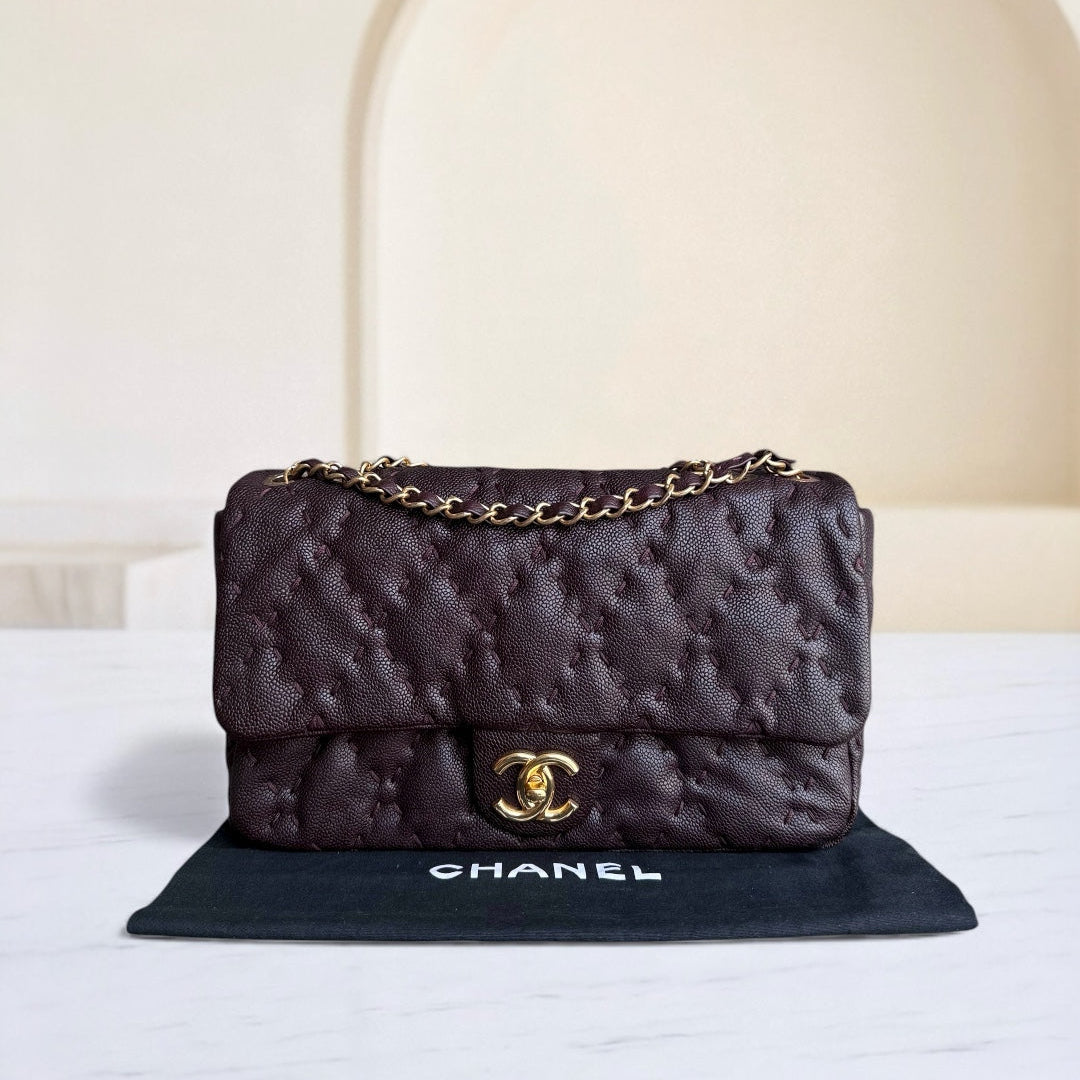 Chanel Seasonal Flap Wild Stitches - Caviar Quilted Grained Calfskin Dark Brown Gold Hardware Series 15