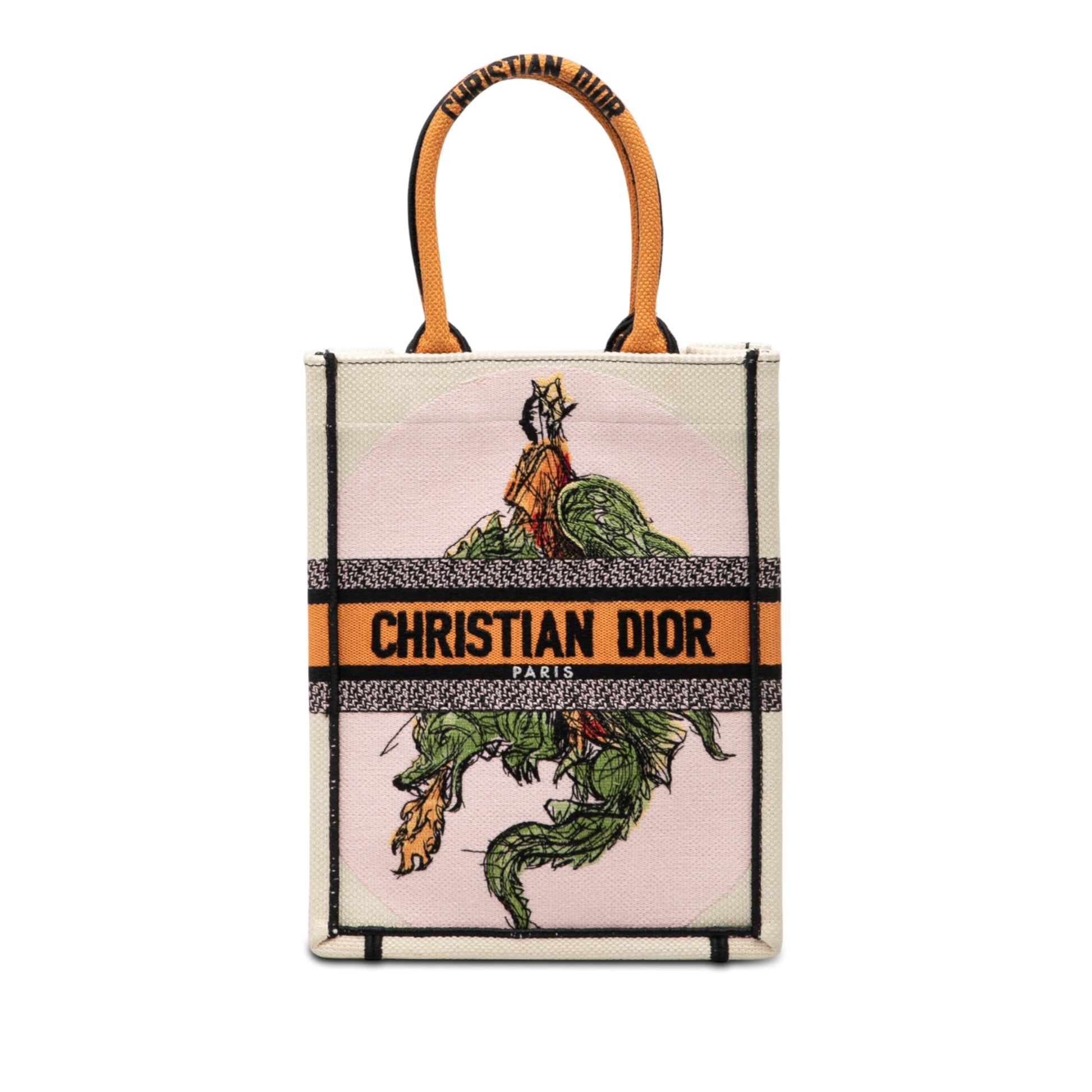 White Dior Embroidered Canvas Princess and Dragon Vertical Book Tote