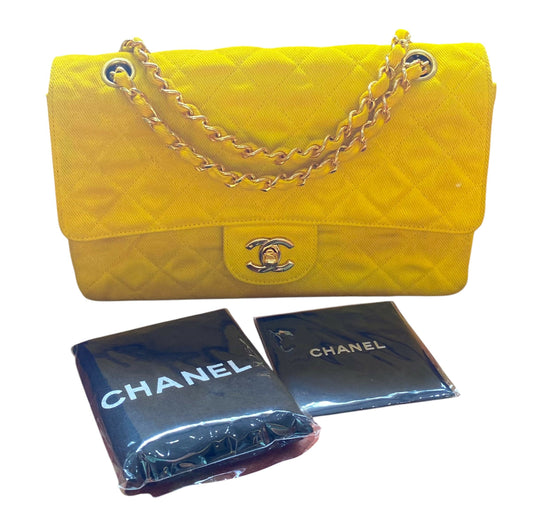 Chanel 90 s Yellow Denim Medium Classic Flap Bag 24K Gold Hardware