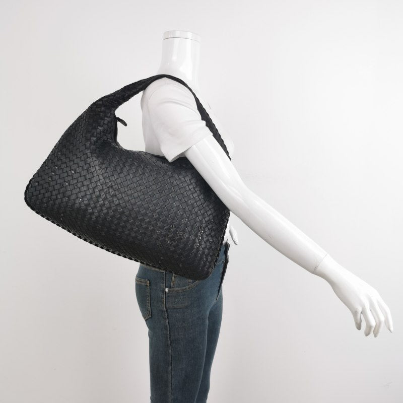 Bottega Veneta Intrecciato Hobo Bag Medium Black leather with Metal Studs 45cm