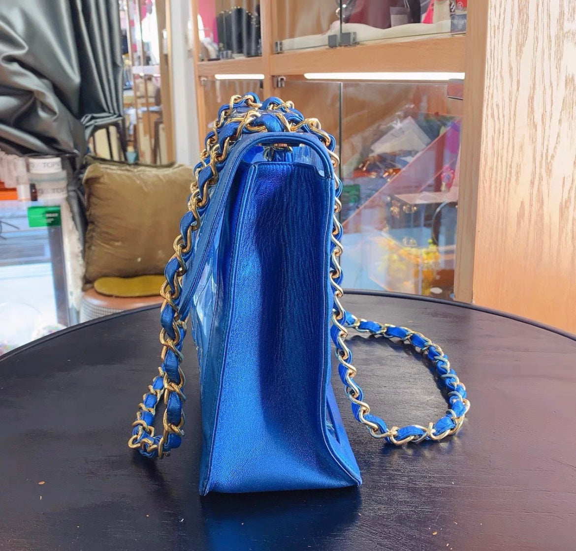 CHANEL 95P "BARBIE" MAXI FLAP METALLIC BLUE BAG 24K GHW CLASSIC PCI
