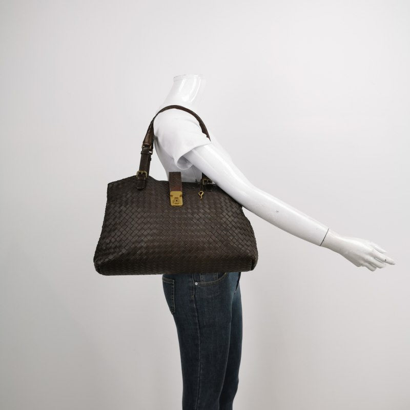 Bottega Veneta Roma Tote Intrecciato Lambskin Leather Dark Chocolate Brown 40cm