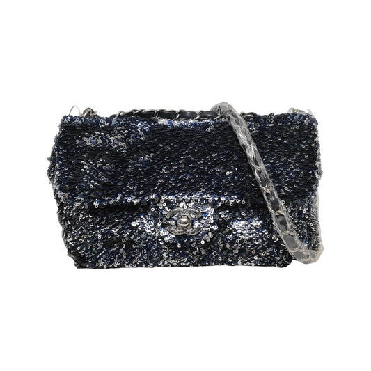 Chanel Paillette Flap Bag Rectangular Mini Glitter Sequins Navy and Silver