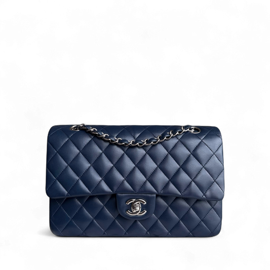 Chanel Classic Flap Medium - 25CM Quilted Lambskin Dark Blue Silver Hardware Series 13